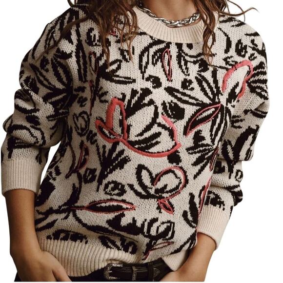 Anthropologie Pink Floral Pop Embroidered Sweater, Size XS, New w/ Tag MSRP $128 - Picture 1 of 4